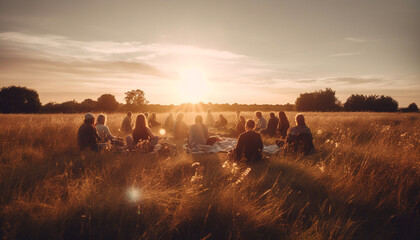 Group of people enjoying a picnic together generated by AI - obrazy, fototapety, plakaty