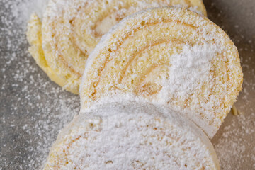 sweet dessert with cottage cheese cream and soft sponge cake
