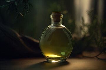 Green round bottle of liquid for daily care and leaves. Herbal cosmetology, eco cosmetics. Generative AI