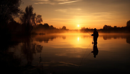 Silhouette of fisherman catching fish at dusk generated by AI