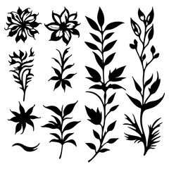 set of silhouettes of leaves and flowers