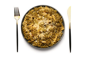 Plate of tasty Italian pasta with Parmesan cheese on white background