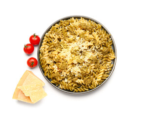 Plate of tasty Italian pasta with Parmesan cheese on white background