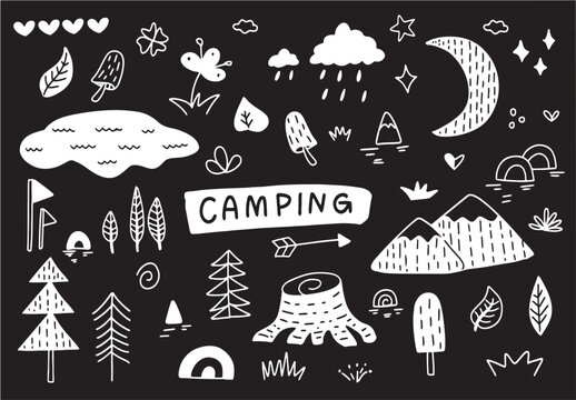 Vector - camping doodle set, outdoor or picnic concept, hand drawing on on white background, Adventure elements.