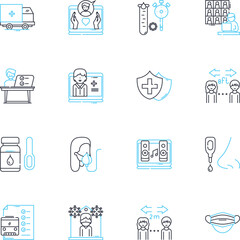 Pandemic outbreak linear icons set. Virus, Infection, Outbreak, Quarantine, Lockdown, Pandemic, Contagious line vector and concept signs. Isolation,Frontline,Spread outline illustrations