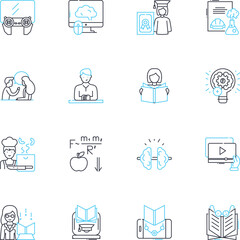 Classroom linear icons set. Learning, Teacher, Students, Education, Desk, Board, Assignment line vector and concept signs. Homework,Assessment,Lecture outline illustrations