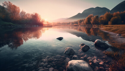 Tranquil scene of mountain peak at dawn generated by AI