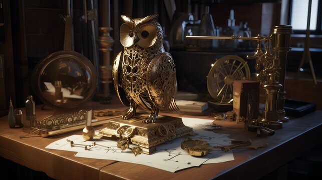 All-Brass Clockwork Owl on Workbench: Gears and Details, Generative AI