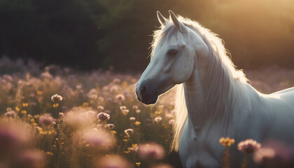 Stallion grazes in tranquil meadow at sunset generated by AI