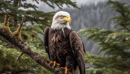 Obraz premium Majestic bald eagle perching on tree branch generated by AI