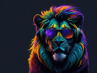 portrait of a lion, Neon lights and colors