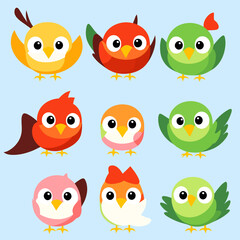 set of birds, cartoon animals, consistent characters