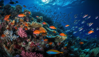 Naklejka na ściany i meble Vibrant school of fish swim in coral reef generated by AI