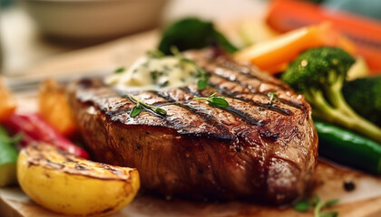 Grilled sirloin steak fillet with fresh vegetables generated by AI