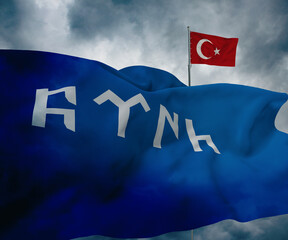 Turkish Writing with Gokturk Alphabet, Waving flag design. - 3D