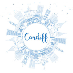 Obraz premium Outline Cardiff Wales City Skyline with Blue Buildings and Copy Space. Vector Illustration. Cardiff UK Cityscape with Landmarks.