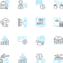 Mtary compensation linear icons set. Benefits, Remuneration, Salary, Wage, Compensation, Pay, Entitlements line vector and concept signs. Rewards,Reimbursement,Incentives outline illustrations
