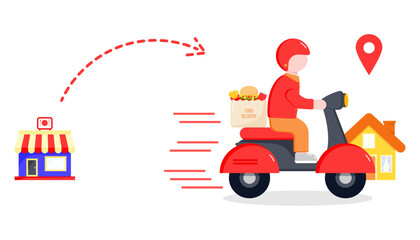 Online shopping, Food delivery. Icons to express, delivery Home. The concept of safe delivery, by the red scooter, moped, motorcycle. Flat style