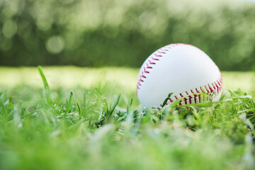 Baseball, sports and fitness with a ball on the grass, closeup waiting for a game or competition....