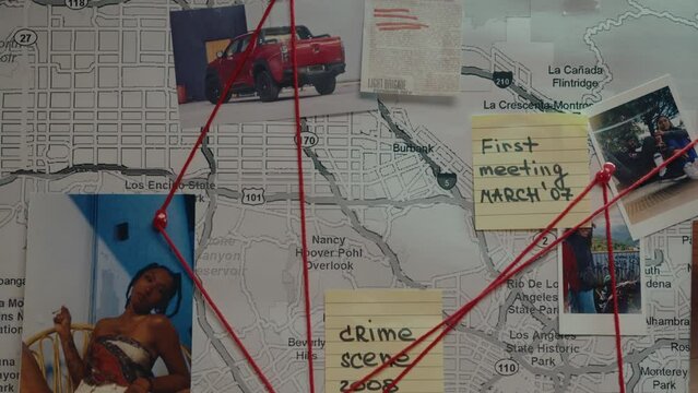 Photos, newspaper article, map and sticky notes connected with red string pinned to a board on the wall in the detective office. No people, close-up shot