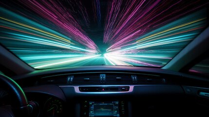 Obraz na płótnie Canvas long exposure image of car dashboard and light trails on the outside of the windscreen. Night driving. generative AI.