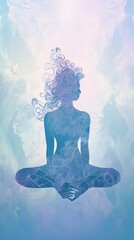 Silhouette of a young woman in lotus position on a pastel colored background. Yoga meditation pose. Transcendent spirituality concept. Generative AI.