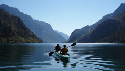Two men paddling canoe in tranquil nature generated by AI