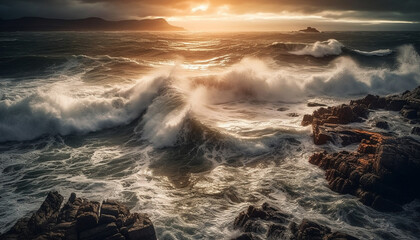 Fototapeta premium Sunset surf crashing on rocky coastline cliff generated by AI