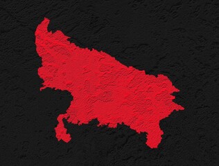 Uttar Pradesh red map on isolated black textured background. High quality coloured map of Uttar Pradesh, India.