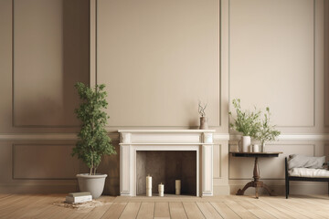 Naklejka na ściany i meble Natural Beauty: Simple Home Interior with Plants and Fireplace - Generative AI