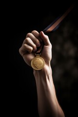 Fototapeta na wymiar Male hand rise up a gold medal, success - Generative AI