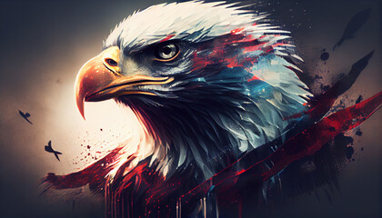 Fototapeta premium Bald Eagle close-up and vintage America flag flying in back. Concept National holidays , Flag Day, Veterans Day, Memorial Day, Independence Day, Patriot Day Ai generated image