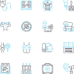 Patient care linear icons set. Compassion, Empathy, Respect, Quality, Safety, Comfort, Communication line vector and concept signs. Dignity,Understanding,Concern outline illustrations