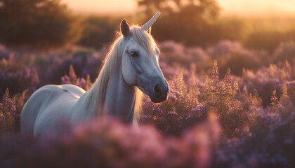 Obraz na płótnie Canvas Majestic stallion grazes in tranquil meadow sunset generated by AI