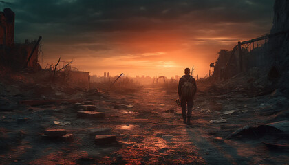 Fototapeta premium One person walking through ruined mountain landscape generated by AI