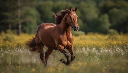 Running thoroughbred stallion in green meadow pasture generated by AI