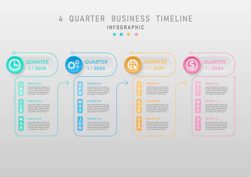 modern infographic simple clean business planning 4 quarter multicolored circle timeline with icons and the end line has a circle with an arrow month abbreviation gray gradient background