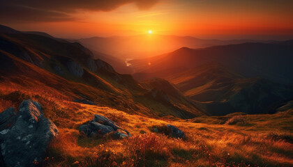 Obraz na płótnie Canvas Majestic mountain range, tranquil meadow, serene horizon generated by AI