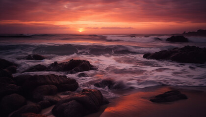 Dramatic sky over tranquil seascape at twilight generated by AI