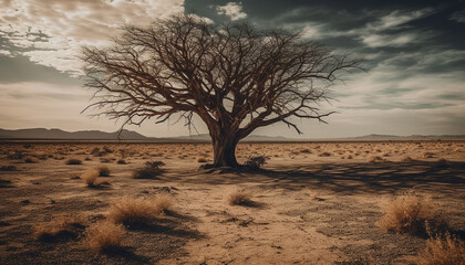 Silhouette of acacia tree on arid plain generated by AI