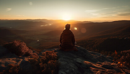 Obraz premium One person sitting on sandstone cliff, admiring sunset generated by AI