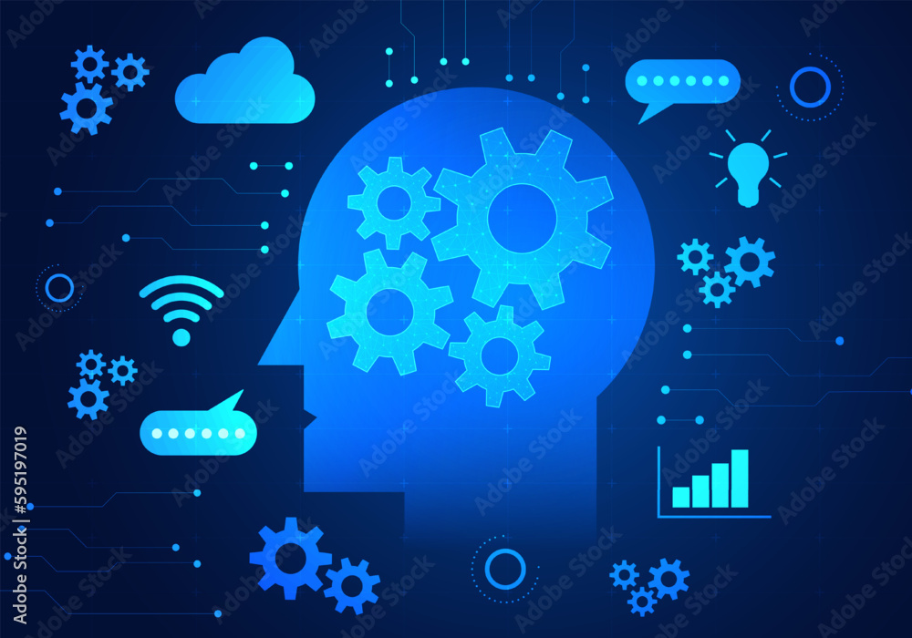 Poster artificial intelligence robot has a cog in the meaning. the work process of the artificial intellige