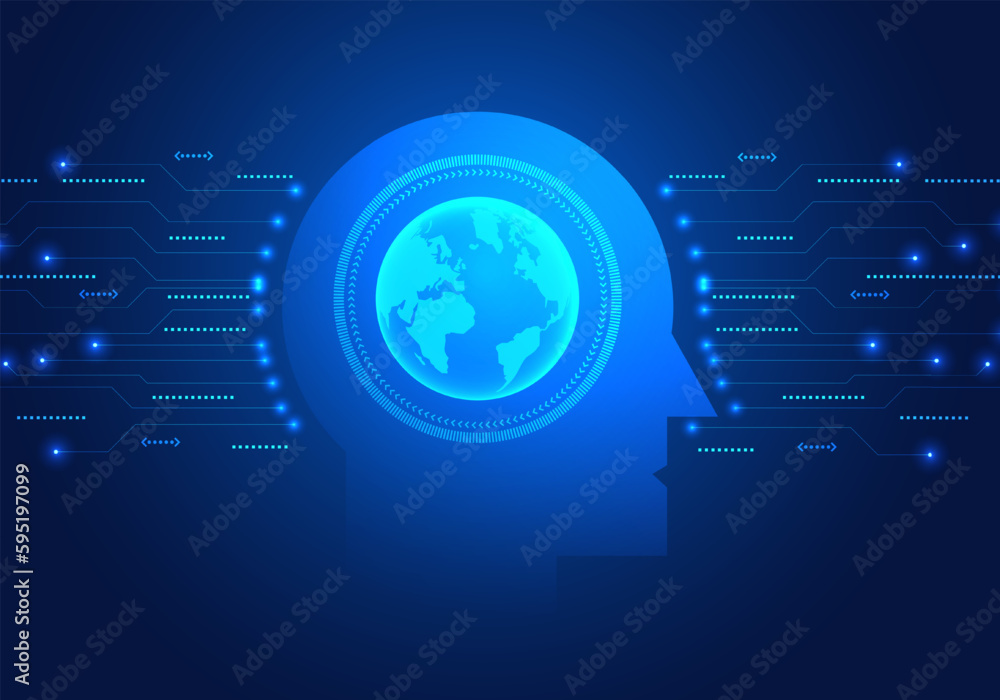 Poster artificial intelligence robot has globe inside and has a circuit board on the side refers to the ai 