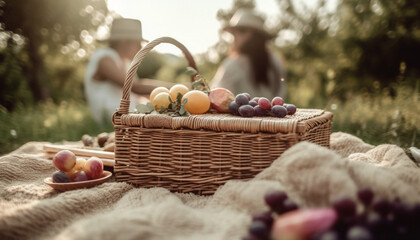 Healthy family enjoys fresh fruit in nature generated by AI