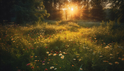 Sunlit meadow blooms with vibrant wildflowers generated by AI