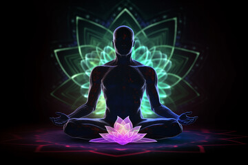 State of mind concept. Transcendental chakras space meditation man silhouette. Lotus pose, cosmic background. Generative AI