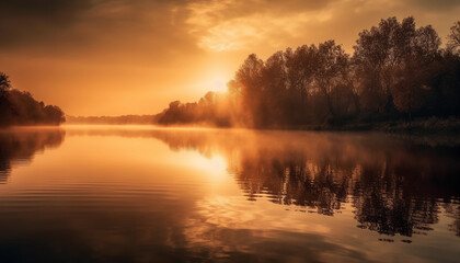 Orange horizon reflects tranquil beauty in nature generated by AI