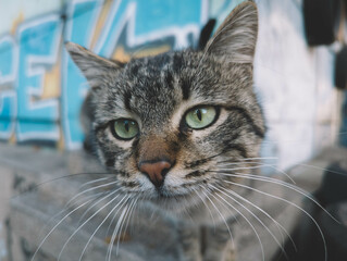 Portrait of a green-eyed street cat