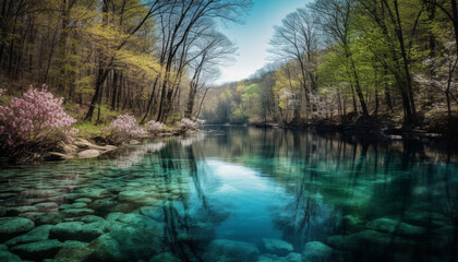 Tranquil scene of nature beauty, reflecting sunlight generated by AI