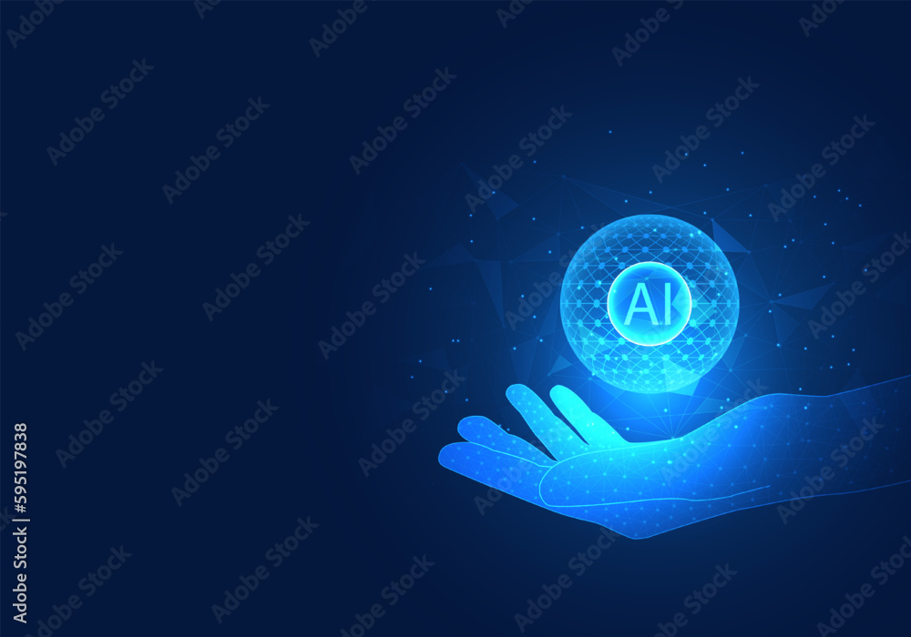 Poster artificial intelligence technology or ai in the hands of the user is a technology that helps busines